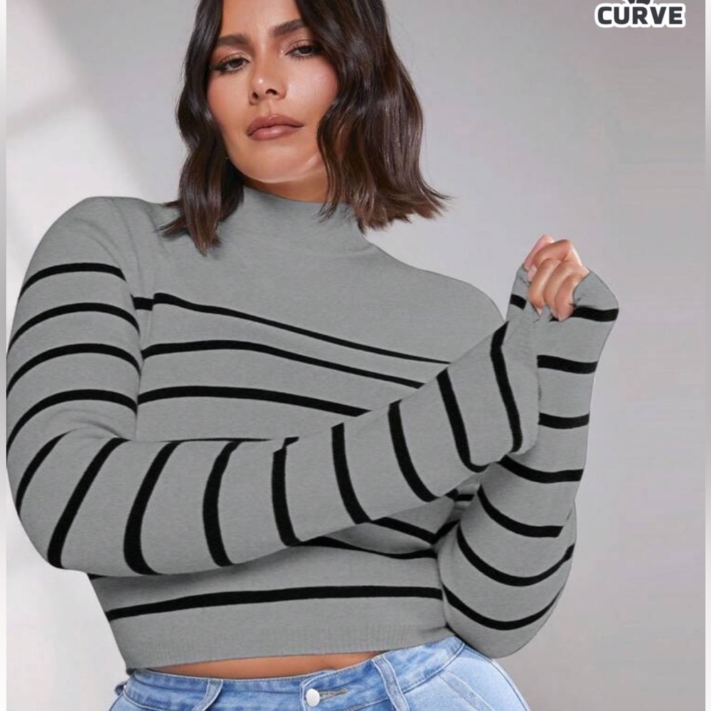 Striped Gray and Black Cropped Turtleneck Sweater